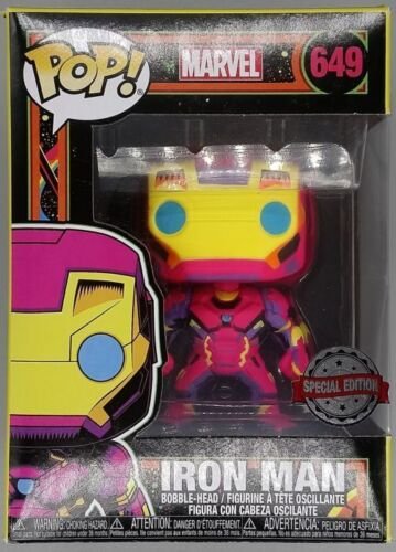 Funko POP #649 Iron Man (Blacklight) Marvel Damaged Box with POP Protector