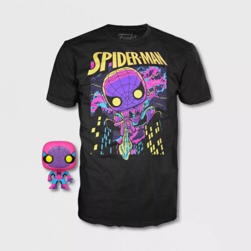 Spider-Man Set T-Shirt Tg. M Enfant Et Figurine FUNKO Pocket Pop Black Light 4CM